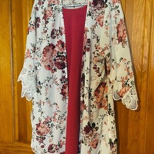Floral Lace-Trimmed Kimono with Midi Dress